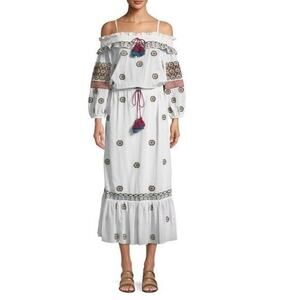 NWT FIGUE Helens Off-shoulder Embroidered Midi Dress Size M White #1A463